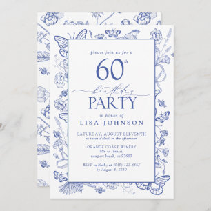 Invitation Chinoiserie French Blue Script 60e fête d'annivers