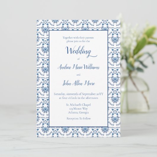 Invitation Chinoiserie Mariage Motif bleu blanc (Debout devant)