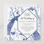 Invitation Chinoiserie Marine bleu Peacock Butterfly Hexagon (Devant)