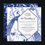 Invitation Chinoiserie Marine bleu Peacock Butterfly Hexagon<br><div class="desc">Cadre de texte Hexagonal blanc en bleu marine en format Carré. Des paons stylisés avec des papillons de style chinois vintage, des saules et des feuilles de feuillage de la Chinoiserie. Reverse side a l'image complète et un arrière - plan bleu marine pour le contraste. Idéal pour un mariage en...</div>
