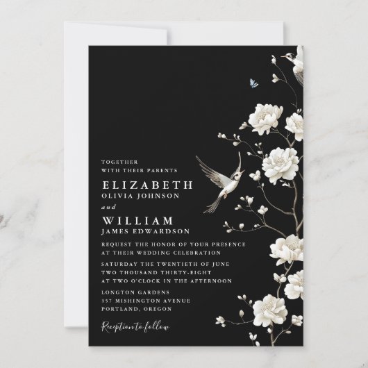 Invitation Chinoiserie noire et blanche Floral QR Code Mariag (Devant)