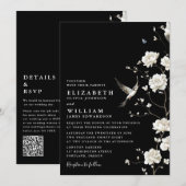 Invitation Chinoiserie noire et blanche Floral QR Code Mariag (Devant / Derrière)