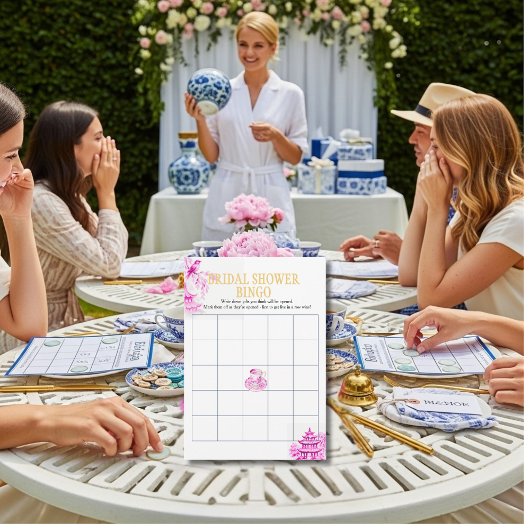 Invitation Chinoiserie Pink Willow Bridal Shower Bingo game