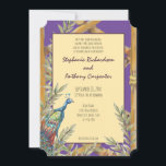 Invitation Chinoiserie Purple Peacock Mariage d'aquarelle<br><div class="desc">Un treillis de bambou sur un arrière - plan violet de cassis encadre un paon aquarelle et un feuillage de bambou feuillu. Au verso, quelques frondes de bambou et deux papillons stylisés, inspirés de l'ancienne poterie de chinoiserie orientale et de motifs en tissu. Vos informations de mariage sont faciles à...</div>
