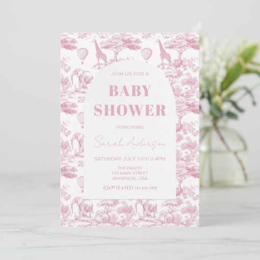 Invitation Chinoiserie rose Baby shower Toile de Jouy (Debout devant)