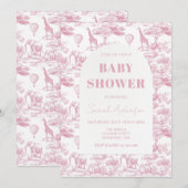 Invitation Chinoiserie rose Baby shower Toile de Jouy (Devant / Derrière)