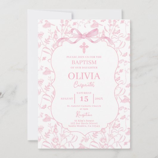 Invitation Chinoiserie rose Baptême Girl (Devant)