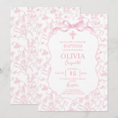 Invitation Chinoiserie rose Baptême Girl (Devant / Derrière)