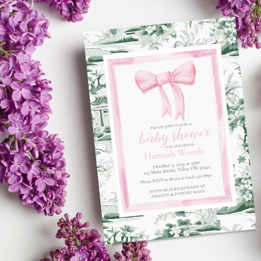 Invitation Chinoiserie rose et vert Bow avec retouche