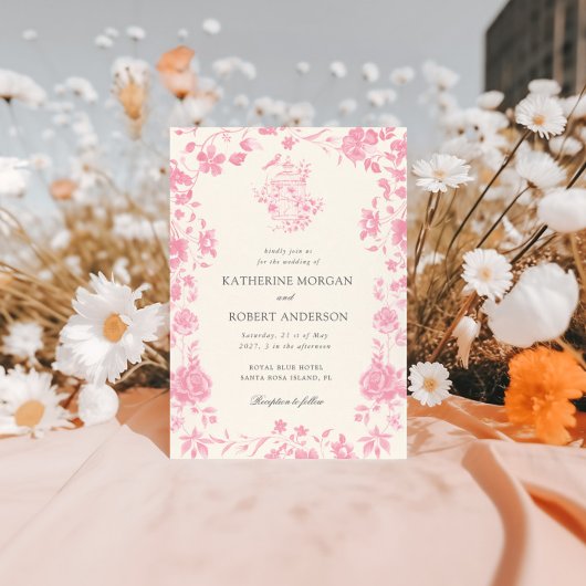 Invitation Chinoiserie rose Vintage Floral Mariage