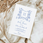 Invitation Chinoiserie Russe Bow Floral Crest Baby shower<br><div class="desc">Beau bleu vintage d'inspiration invitation baby shower avec une crête de monogramme floral dessinée à la main avec des papillons et une police manuscrite décalée. Au verso,  il y a un code qr pour votre registre des bébés.</div>