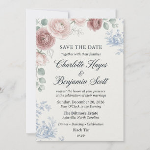 Invitation Chinoiserie Toile Bleue et Floral Rose Poussiéreus