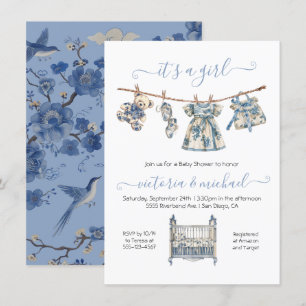 Invitation Chinoiserie Toile Clothesline Baby shower fille