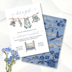 Invitation Chinoiserie Toile Clothesline Baby shower fille
