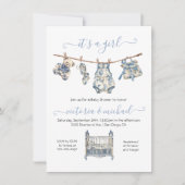Invitation Chinoiserie Toile Clothesline Baby shower fille (Devant)