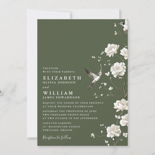 Invitation Chinoiserie Vert Olive Floral Tout en un Mariage (Devant)