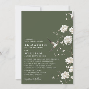 Invitation Chinoiserie Vert Olive Floral Tout en un Mariage
