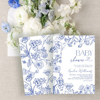 Invitation Chinoiserie Vintage Floral Blue Script Baby shower