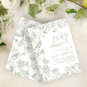 Invitation Chinoiserie Vintage Floral Sage Baby shower vert