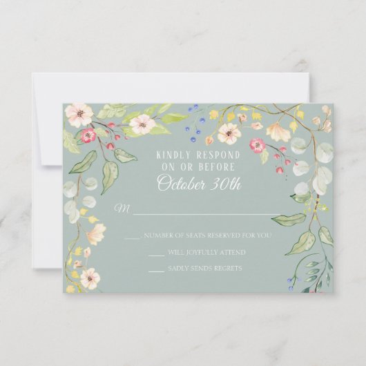 Invitation Chintz anglais Argent Sage Blush Aquarelle RSVP (Devant)