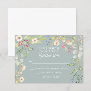 Invitation Chintz anglais Argent Sauge Rougeur Aquarelle RSVP