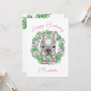 Invitation chiot bouledogue français avec couronne de fleurs