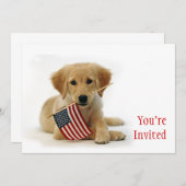 Invitation Chiot d'or et drapeau américain (Devant / Derrière)