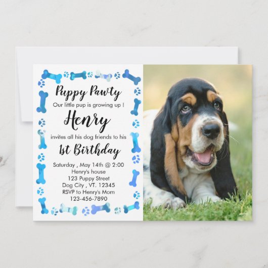 Invitation Chiot - Garçon bleu - Chien Anniversaire Chien Chi (Devant)