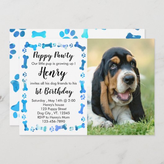 Invitation Chiot - Garçon bleu - Chien Anniversaire Chien Chi (Devant / Derrière)