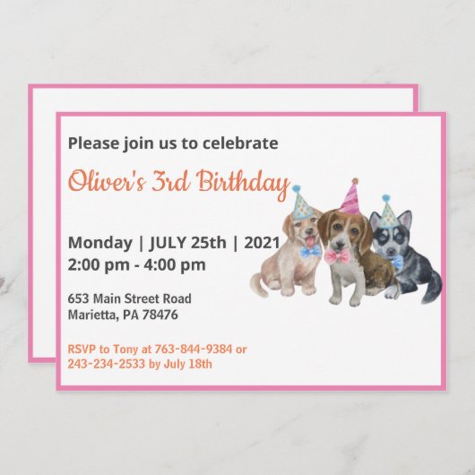 Invitation Chiot pur | Chiens Thème Garçon Première fête d'an (Devant / Derrière)