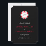 Invitation Chip de poker monogrammé Enregistrer la date<br><div class="desc">Prêt à rouler les dés pour toujours ? Envoyez à votre famille et à vos amis un thème de poker, sauf la date annonçant votre mariage en attente à Las Vegas. Cette invitation élégante et facile à customiser comprend une puce de poker personnalisée en rouge, blanc et noir classique. Ajoutez...</div>
