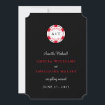 Invitation Chip de poker monogrammé Enregistrer la date<br><div class="desc">Prêt à rouler les dés pour toujours ? Envoyez à votre famille et à vos amis un thème de poker, sauf la date annonçant votre mariage en attente à Las Vegas. Cette invitation élégante et facile à customiser comprend une puce de poker personnalisée en rouge, blanc et noir classique. Ajoutez...</div>