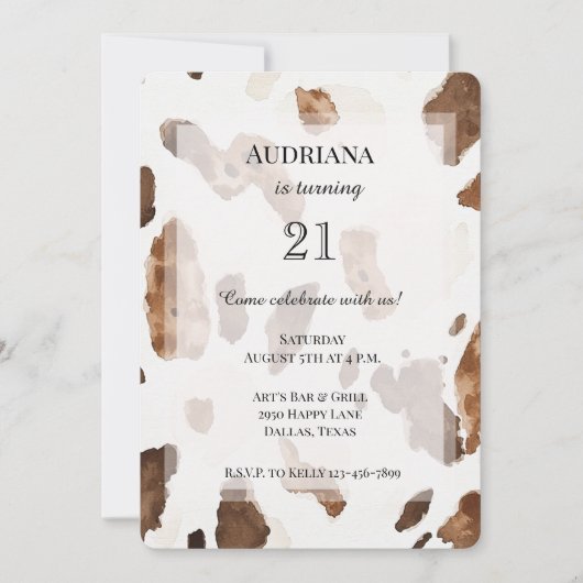 Invitation Chocolat Brown crémeux Vache Imprimer Animal Anniv (Devant)