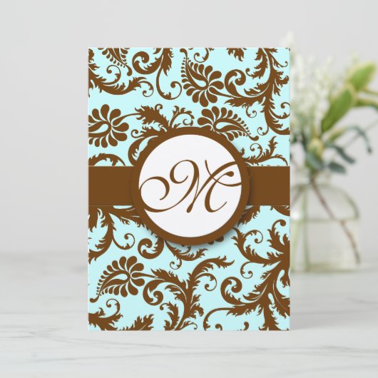 Invitation Chocolat Brown Damask Aqua (Debout devant)