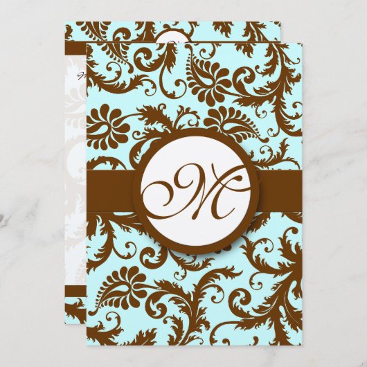 Invitation Chocolat Brown Damask Aqua (Devant / Derrière)