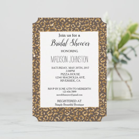 Invitation Chocolat Brown Parties scintillant d'or Leopard an (Debout devant)