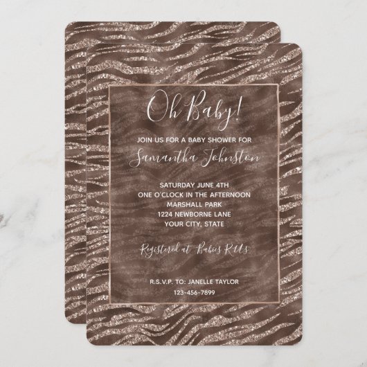 Invitation Chocolat Brown Zebra Parties scintillant Baby show (Devant / Derrière)