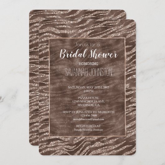 Invitation Chocolat Brown Zebra Parties scintillant douche nu (Devant / Derrière)