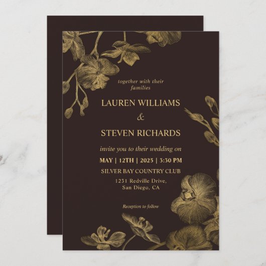 Invitation Chocolat foncé personnalisé Brown Mariage or (Devant / Derrière)