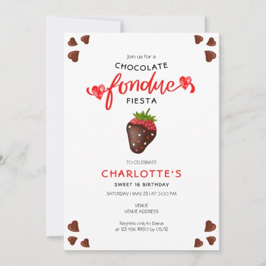 Invitation Chocolat Fondue Fiesta Coeurs fraises Anniversaire (Devant)
