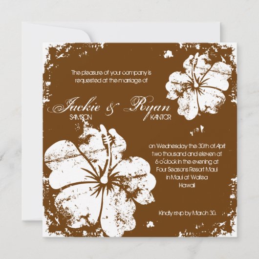 Invitation Chocolat Hibiscus Grunge Beach Wedding Brown (Devant)