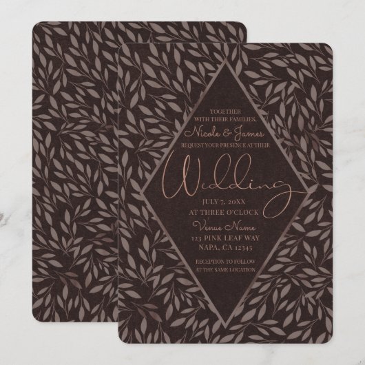 Invitation Chocolat Mauve Rose Feuilles Botanique Mariage (Devant / Derrière)