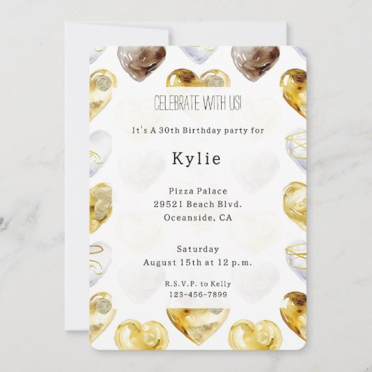 Invitation Chocolat Or Coeurs blancs Anniversaire (Devant)