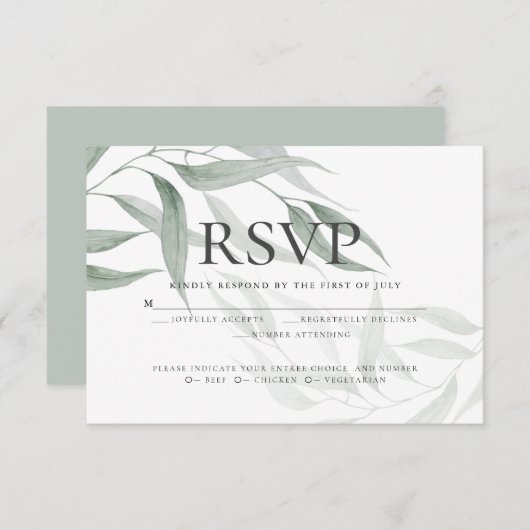 Invitation Choix de repas RSVP | Feuilles d'aquarelle vert po (Devant / Derrière)