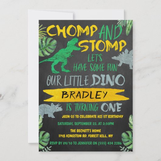 Invitation Chomp & Stomp ! Dinosaur Boys 1er anniversaire (Devant)