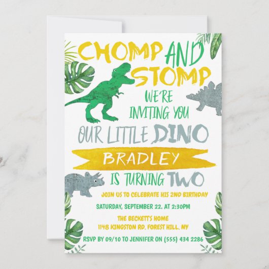 Invitation Chomp & Stomp ! Dinosaur Boys 2e anniversaire (Devant)