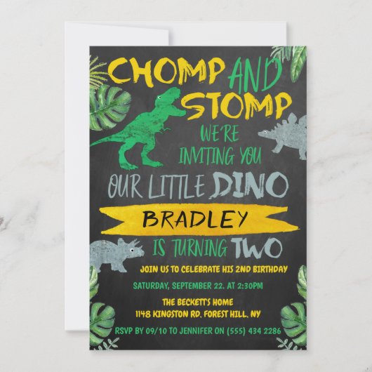 Invitation Chomp & Stomp ! Dinosaur Boys 2e anniversaire (Devant)