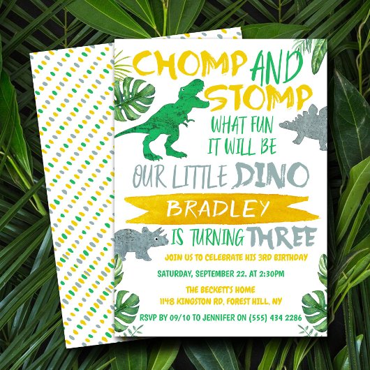 Invitation Chomp & Stomp ! Dinosaur Boys 3e anniversaire
