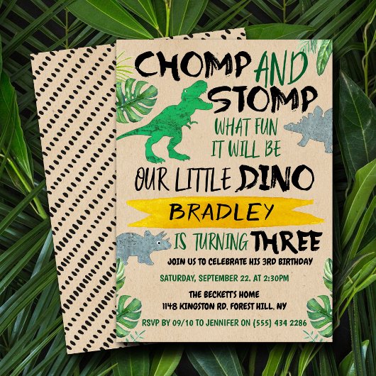Invitation Chomp & Stomp ! Dinosaur Boys 3e anniversaire