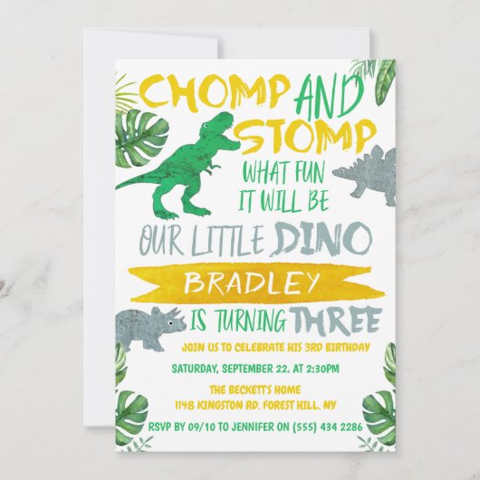 Invitation Chomp & Stomp ! Dinosaur Boys 3e anniversaire (Devant)